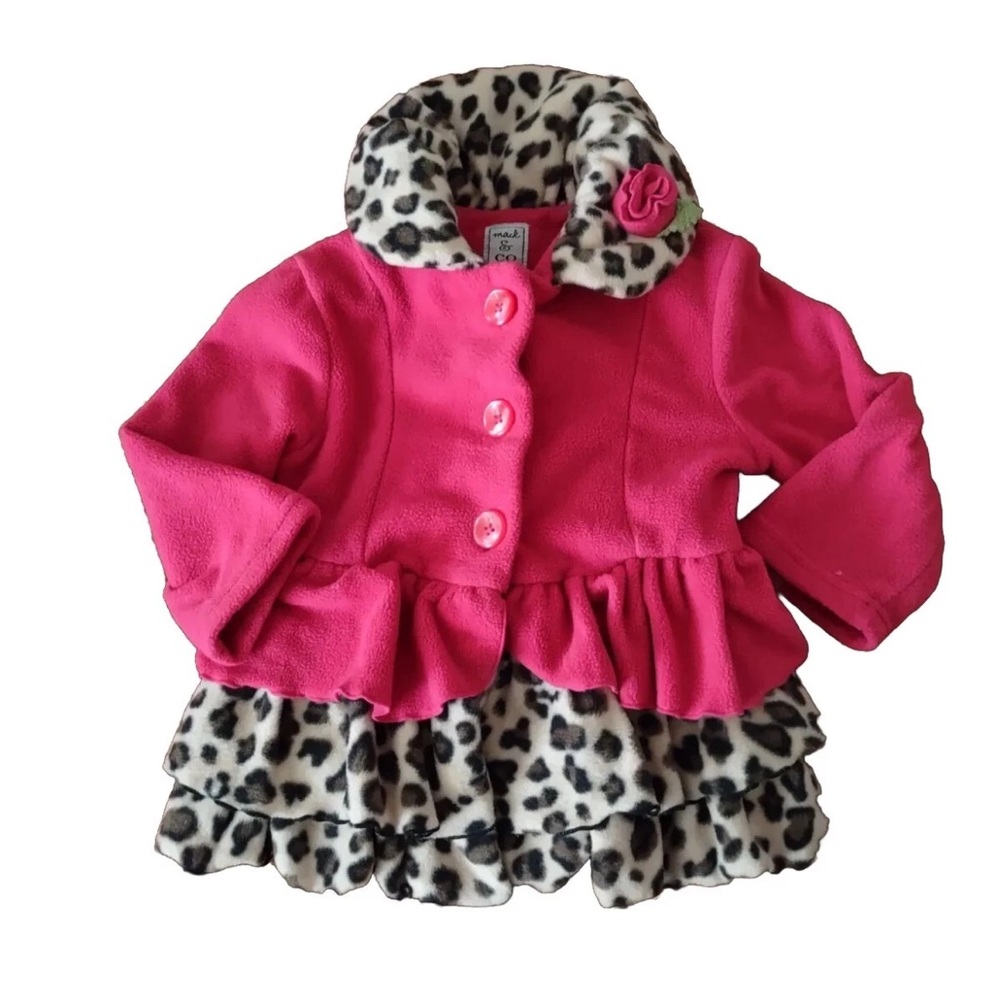 Mac and Co Pink Button-Up Coat with Leopard Print Ruffles Size 2T